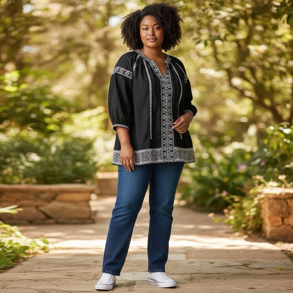 Madewell Womens Black White 100% Cotton V-Neck‎ Embroidered Boho Top Size Small